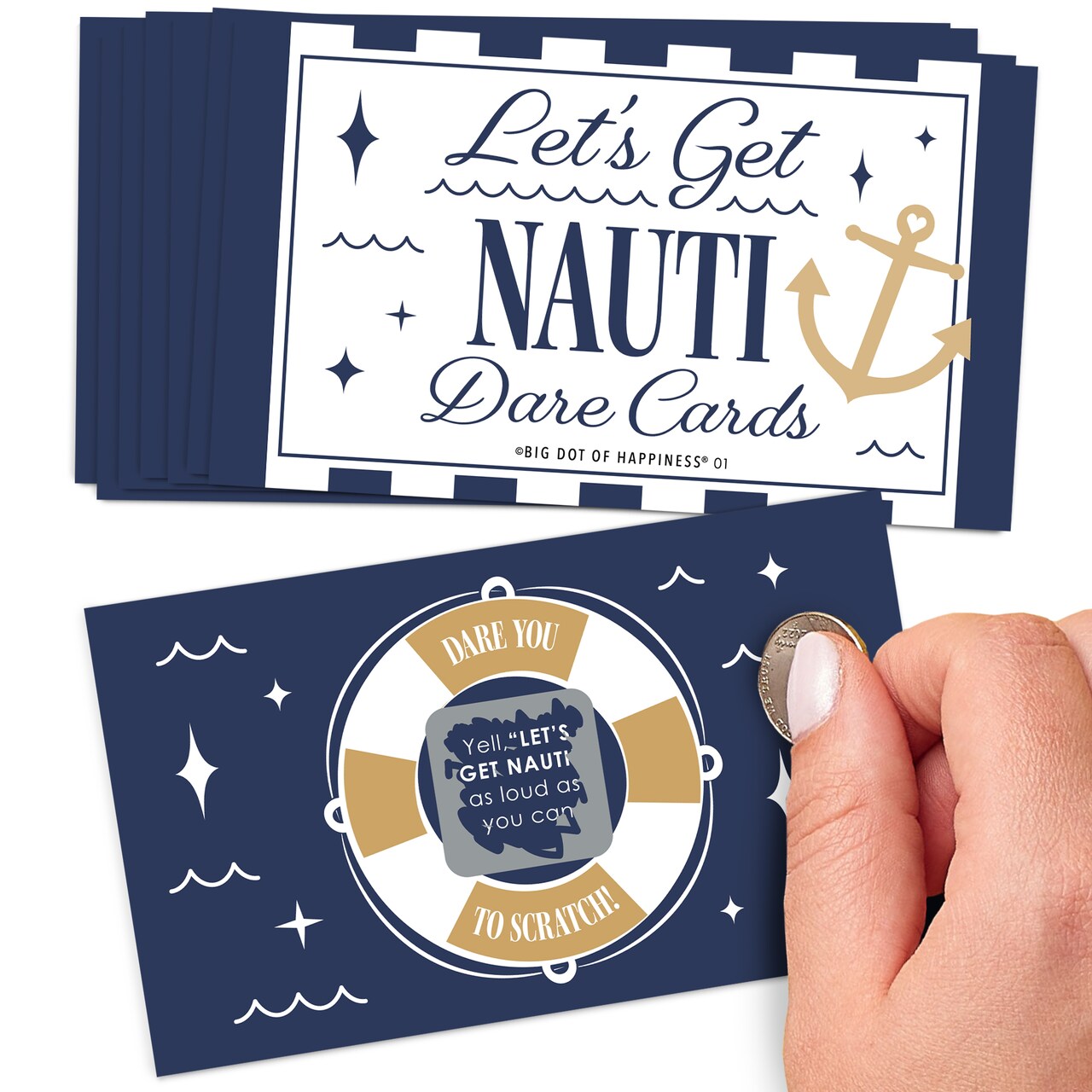 Big Dot of Happiness Let's Get Nauti Scratch Off Dare Cards, Beach Bridal Decor, Nautical Bachelorette Party Dare Game – 22 Count